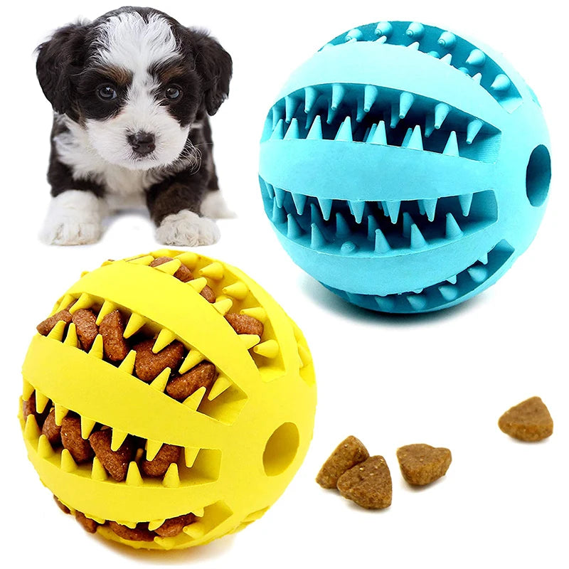 Two dog toys, one yellow and one blue, with treats inside on a white background.