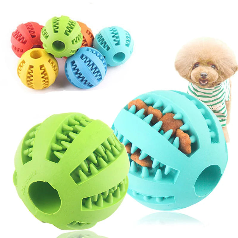 Colorful dog toys with a dog in the background