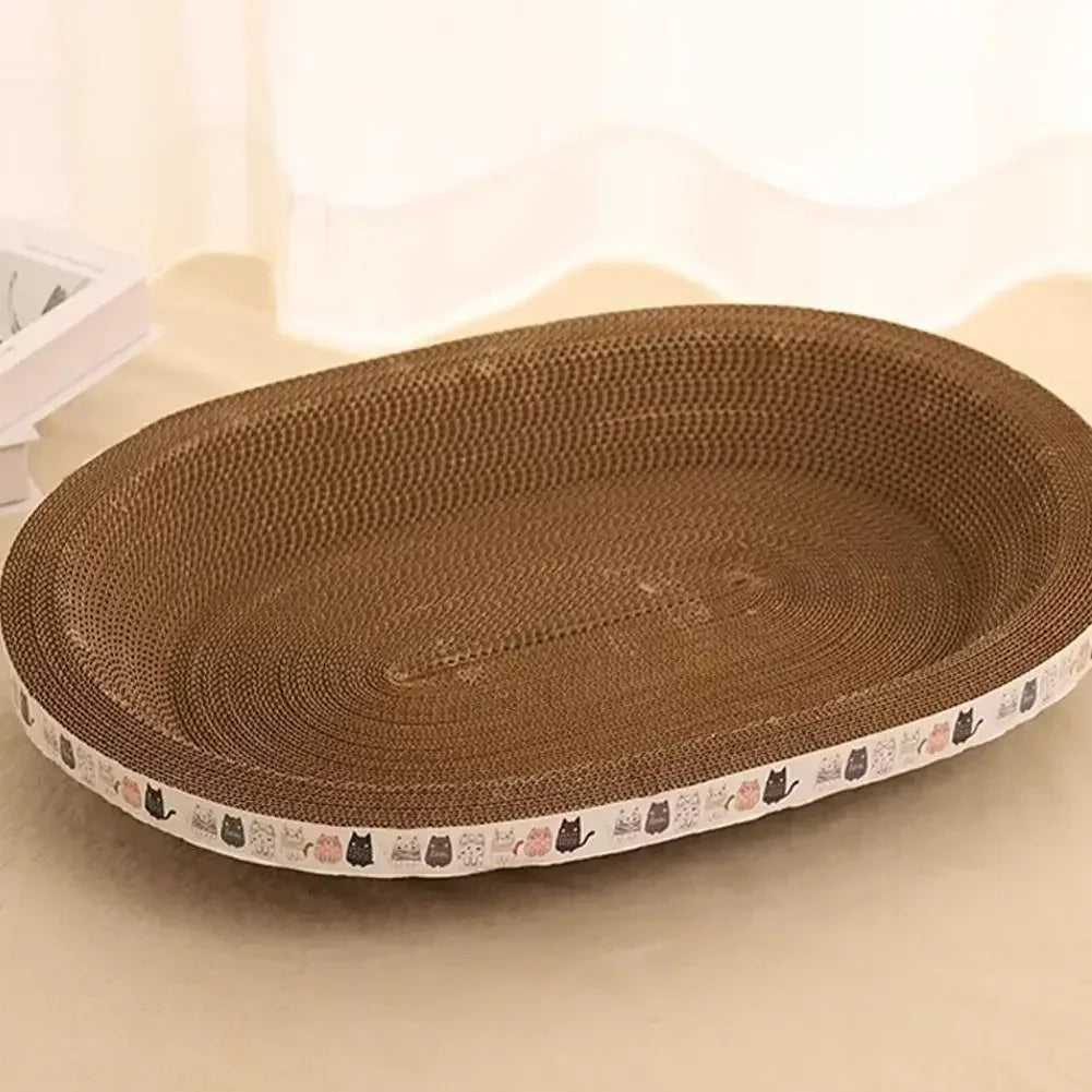 Brown corrugated cat scratcher with cat illustrations on a beige surface