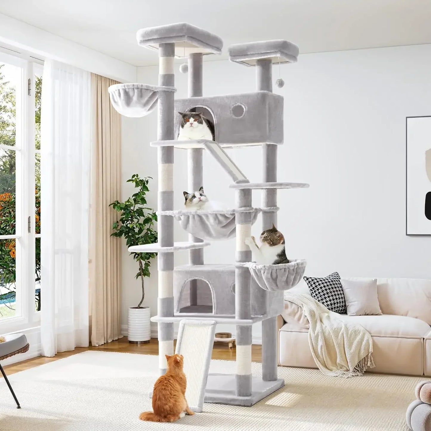 Cat tree with multiple levels and perches in a living room setting