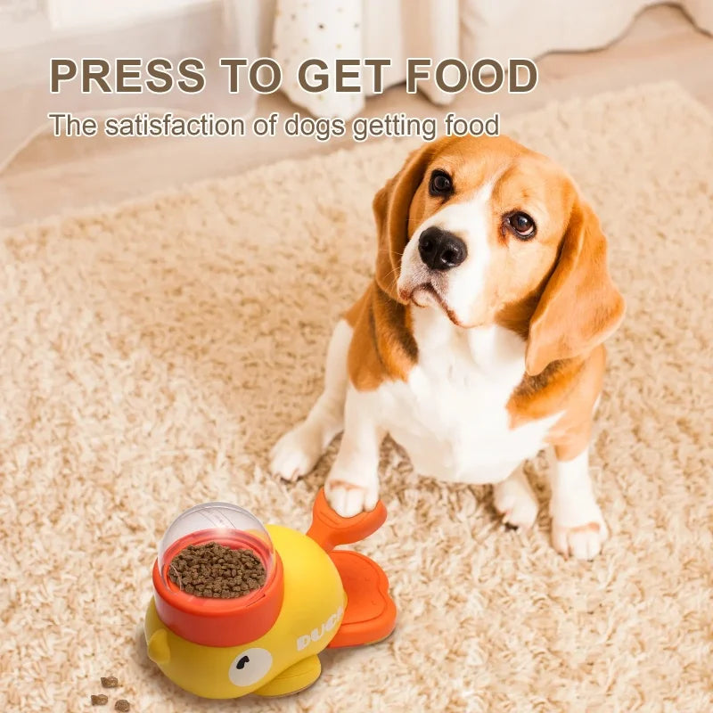 Dog interacting with a toy that dispenses food, with text 'PRESS TO GET FOOD' and 'The satisfaction of dogs getting food'.