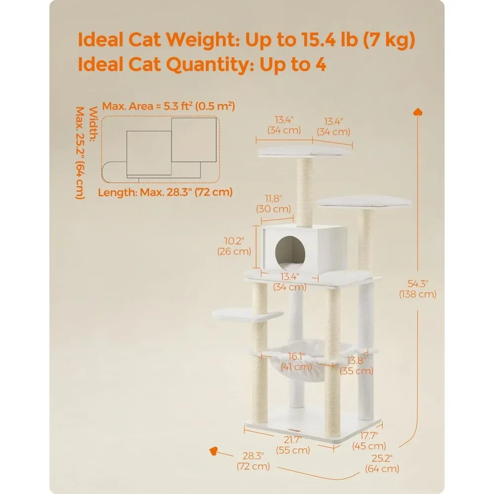 Measurement chart for a cat tree with dimensions and ideal weight and quantity information.