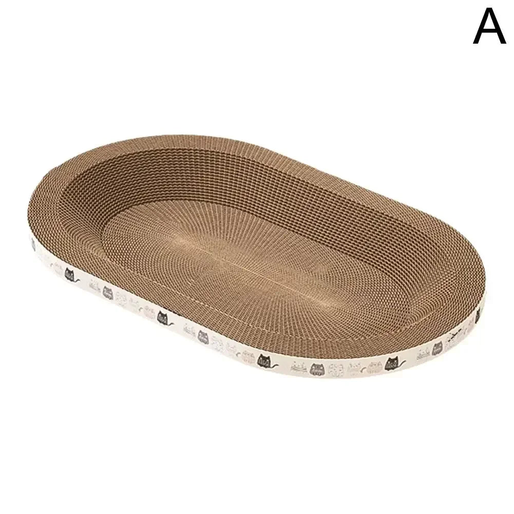 Oval-shaped cat scratcher with corrugated surface on a white background