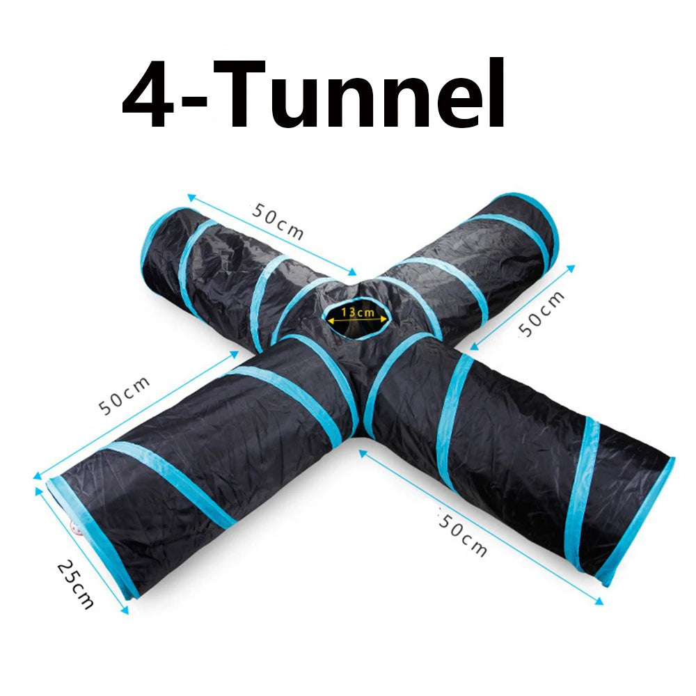 Black pet tunnel with four tunnels and measurements on a white background