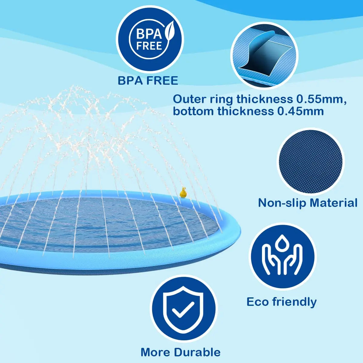 Product with BPA-free, non-slip, eco-friendly, and durable features on a blue background