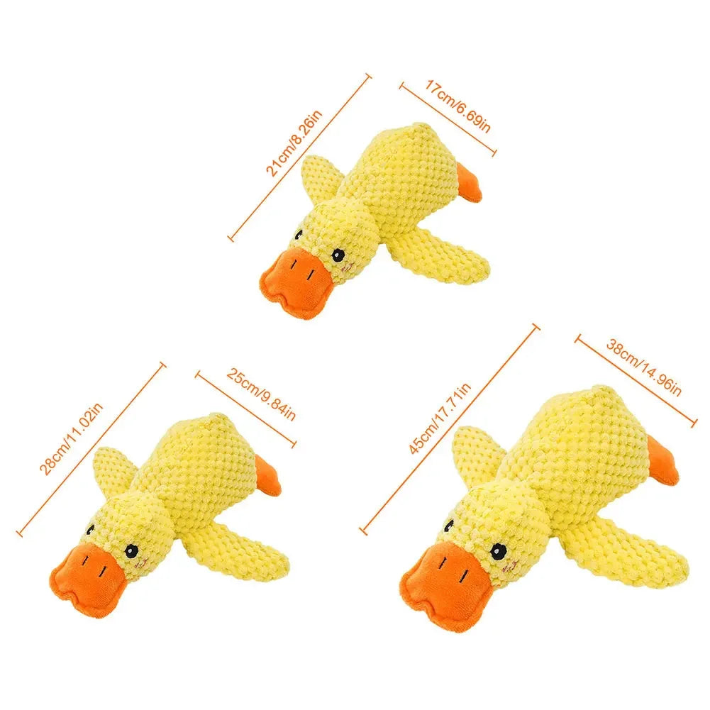 Three yellow duck-shaped toys with orange beaks and feet, shown from different angles with measurements on a white background.
