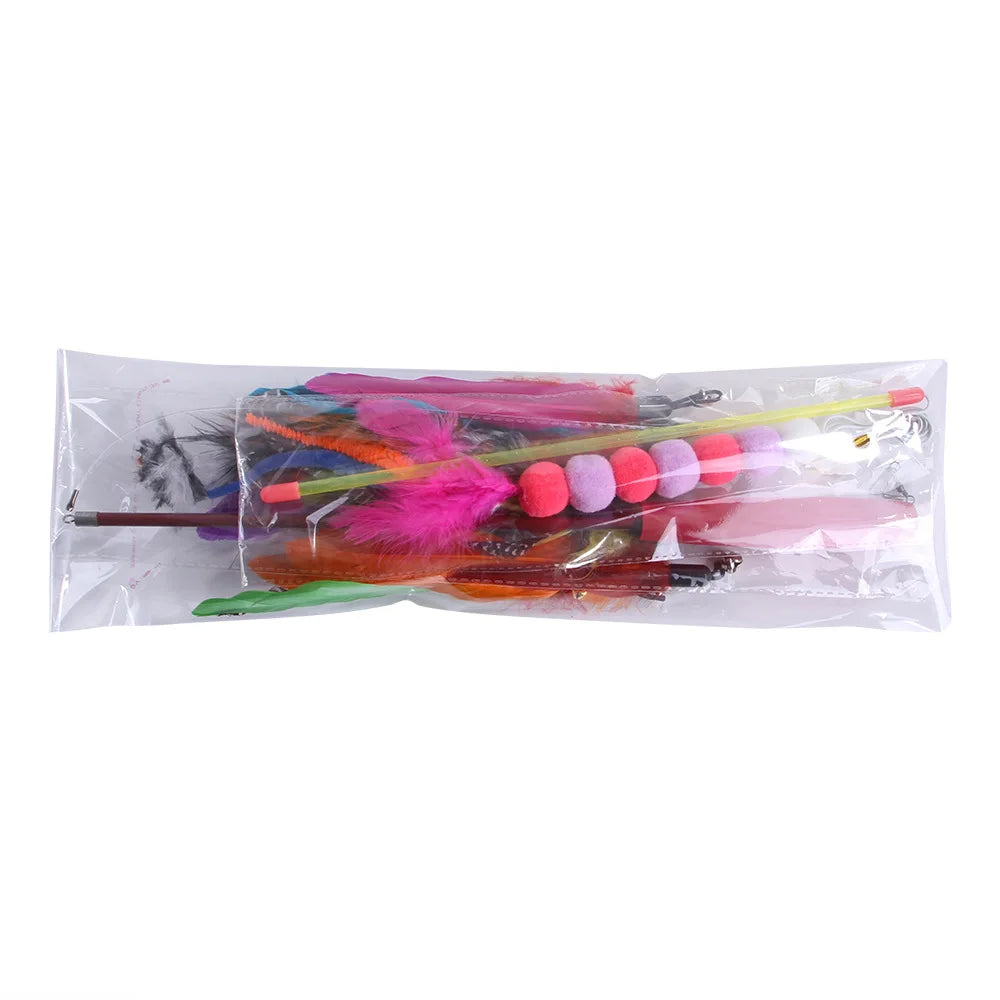 Packaged cat toy lures with colorful designs on a white background