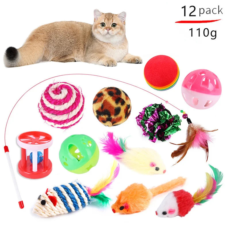 Cat toys set with a cat lying next to them on a white background