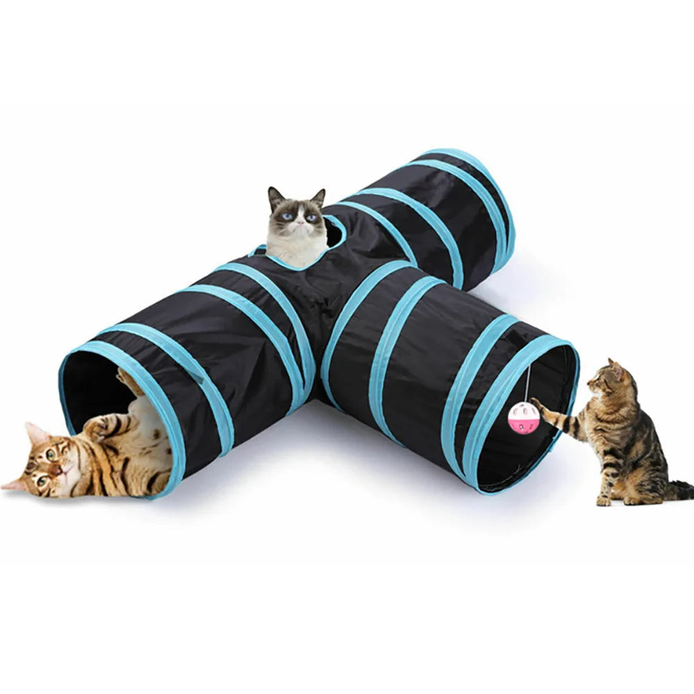 Black and blue cat tunnel toy with three tunnel channels, featuring a cat playing with it on a white background.