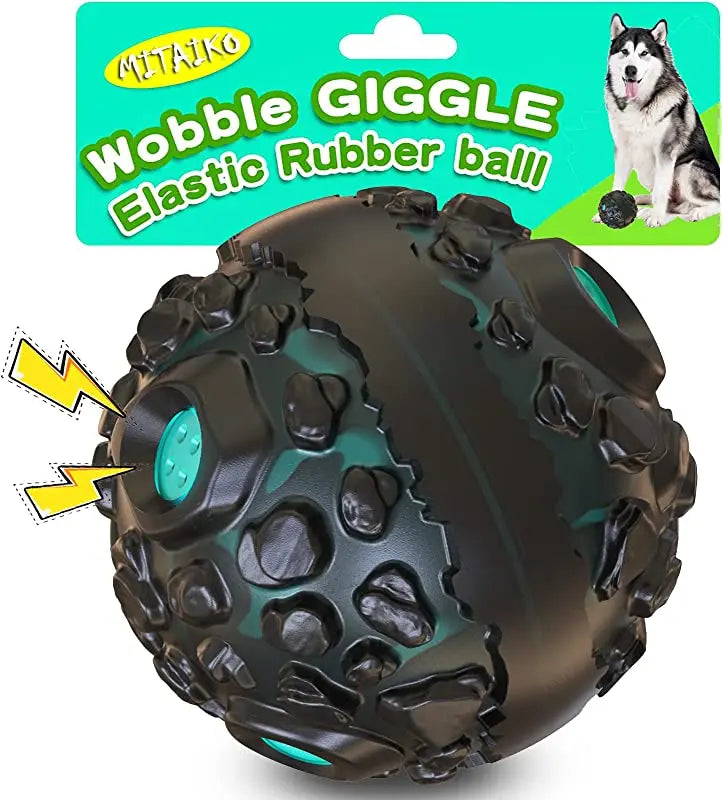 Dog toy with textured surface and elastic band on a white background.