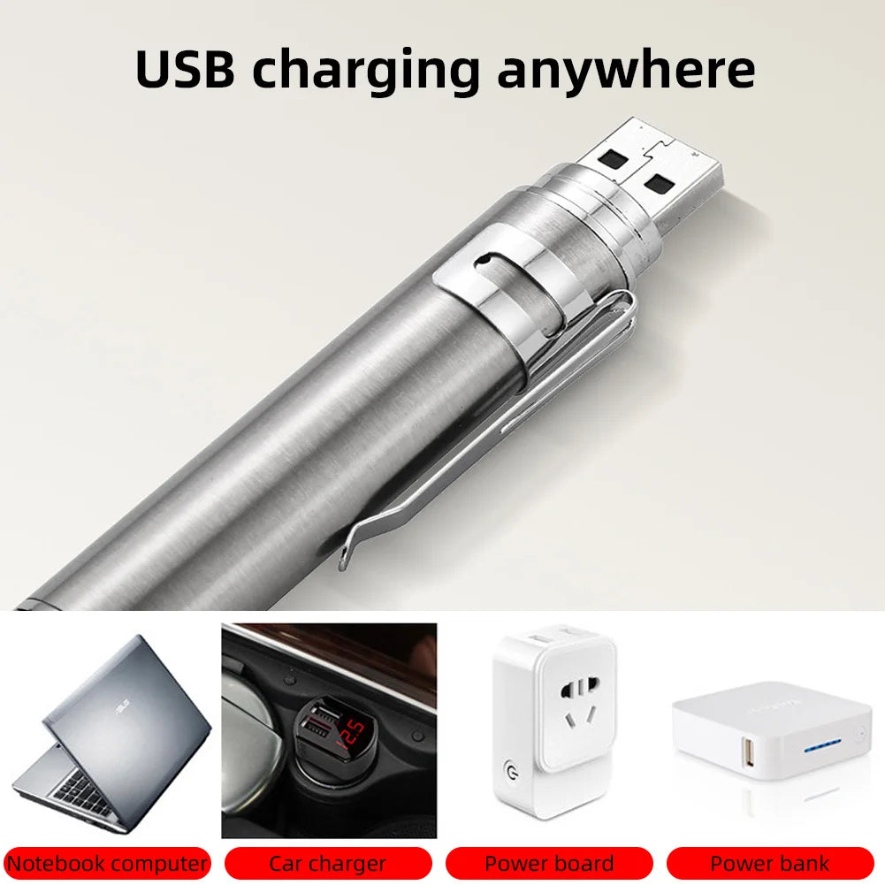 USB charging device with examples of use on a light gray background