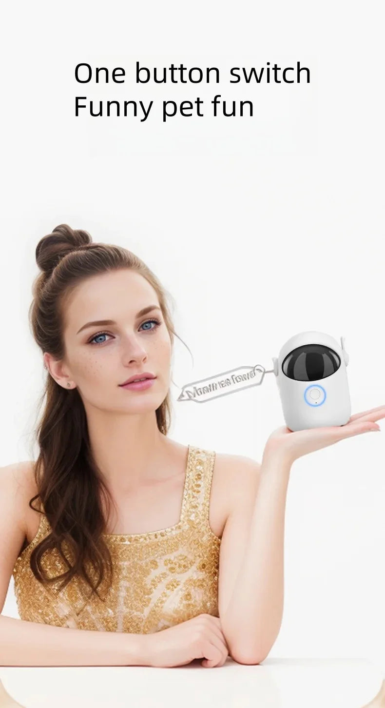 Woman holding a small electronic device with text 'One button switch Funny pet fun' on a white background