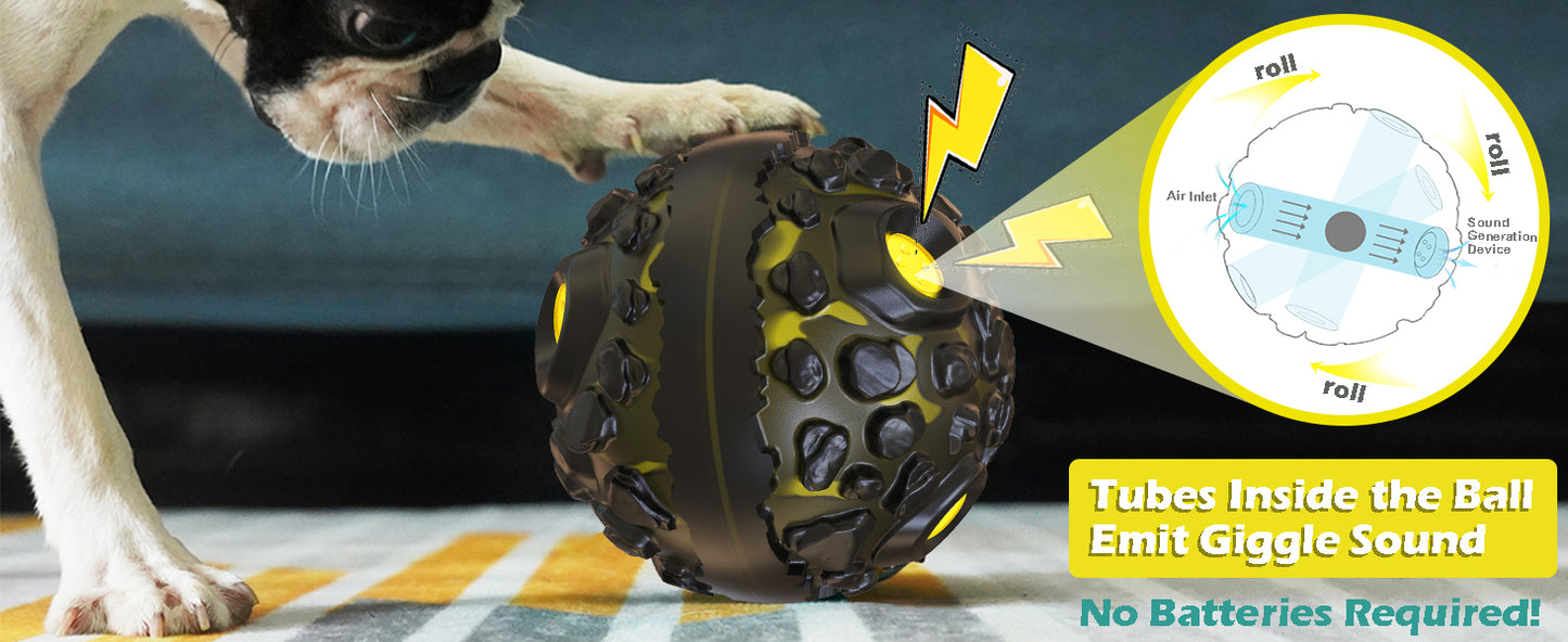 Dog playing with a toy ball that emits giggle sound without batteries, on a dark background.