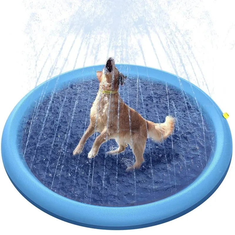 Dog playing on a blue sprinkler pad with water splashing around