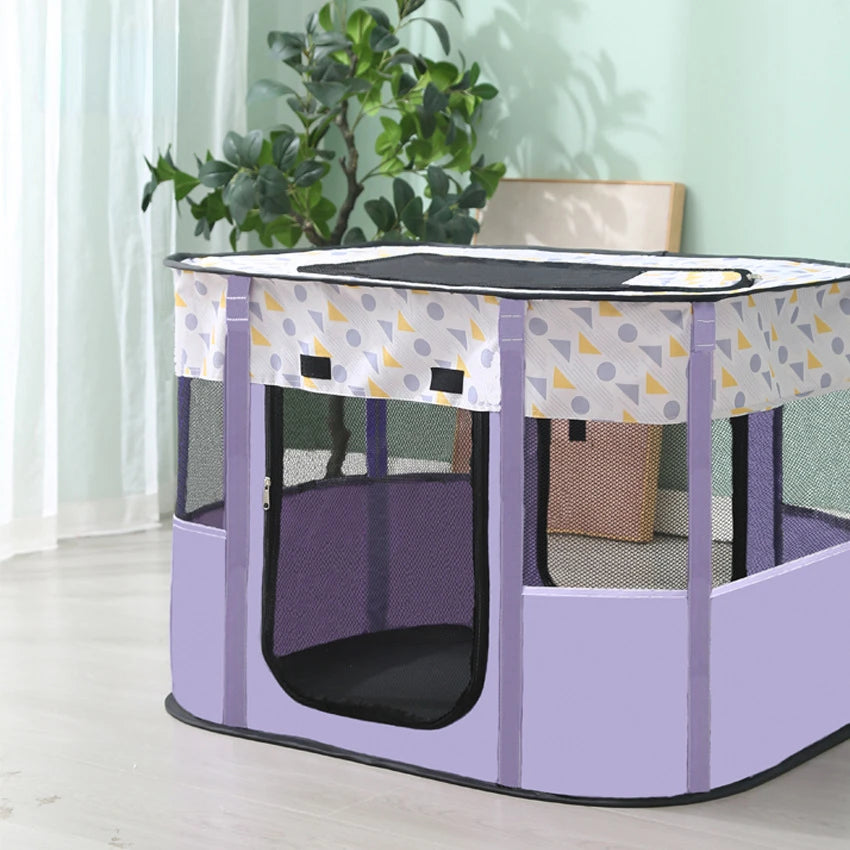 Purple pet playpen with geometric patterned top in a room with a plant and chair.