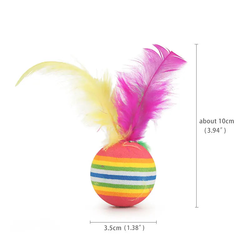 Colorful striped ball with feathers on a white background