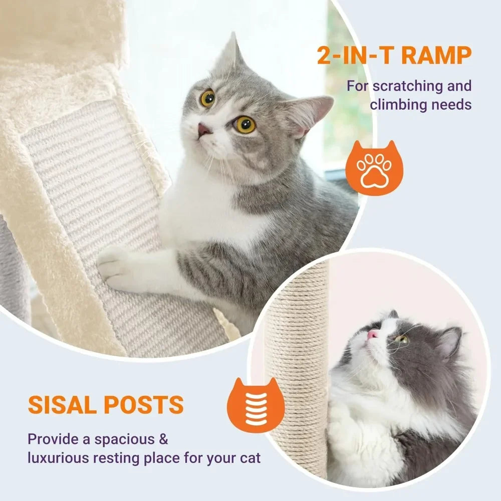 Cat using a 2-in-1 ramp with sisal posts for scratching and climbing on a light blue background.