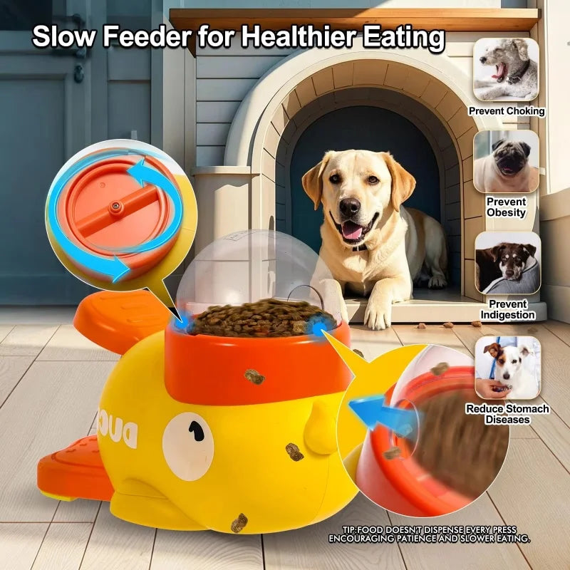 Yellow and orange slow feeder for pets with a dog in the background, highlighting benefits.