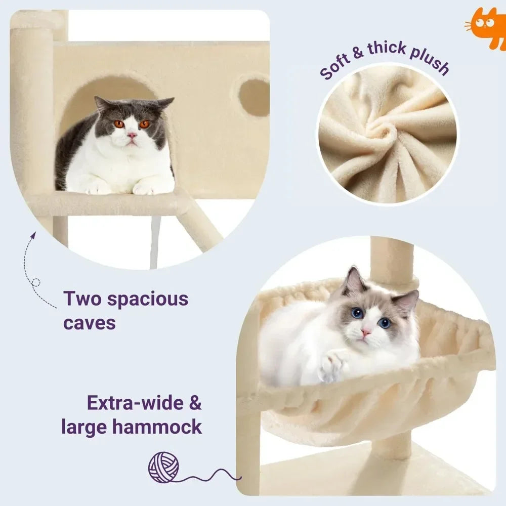 Cat tree with plush cushion, two spacious caves, and extra-wide hammock.