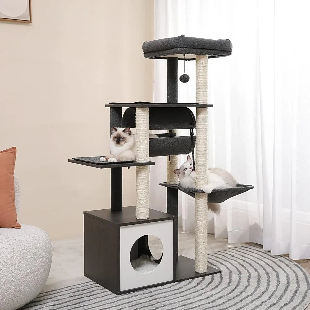 Cat tree with multiple levels and a cat sitting on one of the platforms in a room.