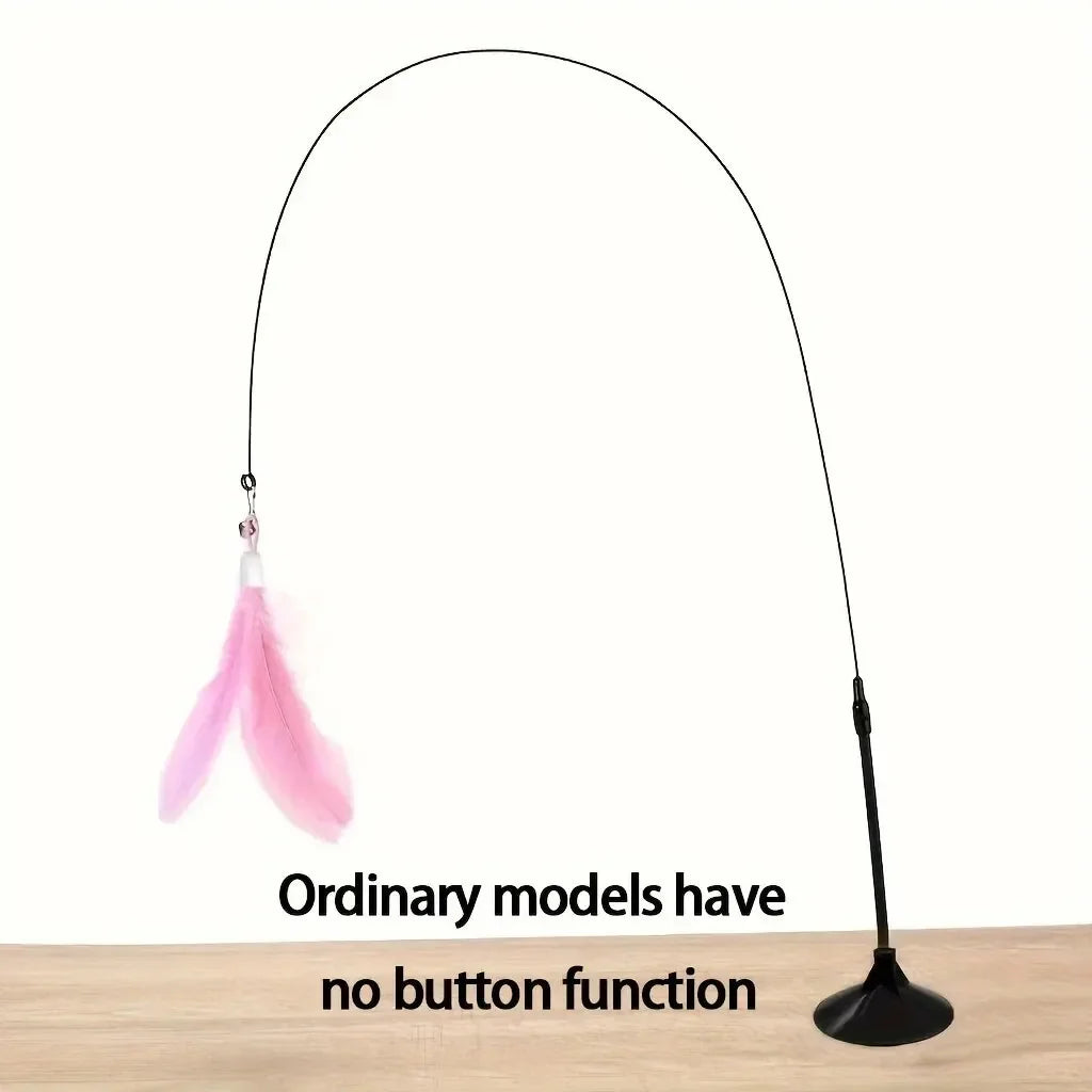 Cat toy wand with a pink feather attached to a black stand on a white background