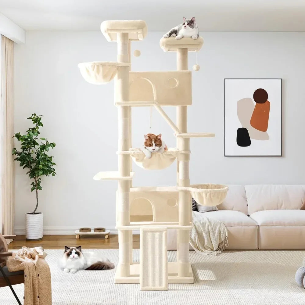 Cat tree with multiple levels and perches in a living room setting.