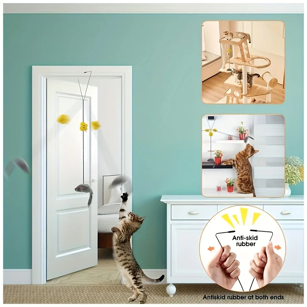 Cat playing with a toy on a green wall with furniture and decor.