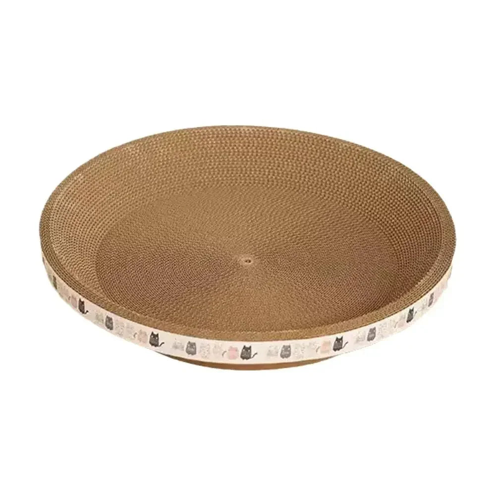 Round cardboard cat scratcher with a patterned edge on a white background