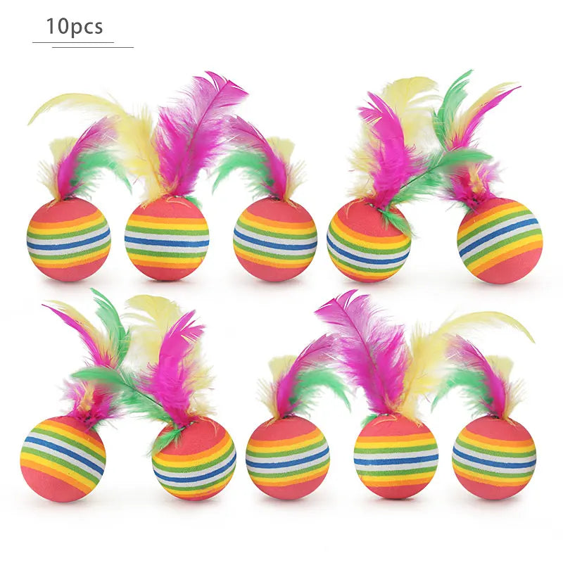 Set of 10 colorful striped balls with feather attachments on a white background