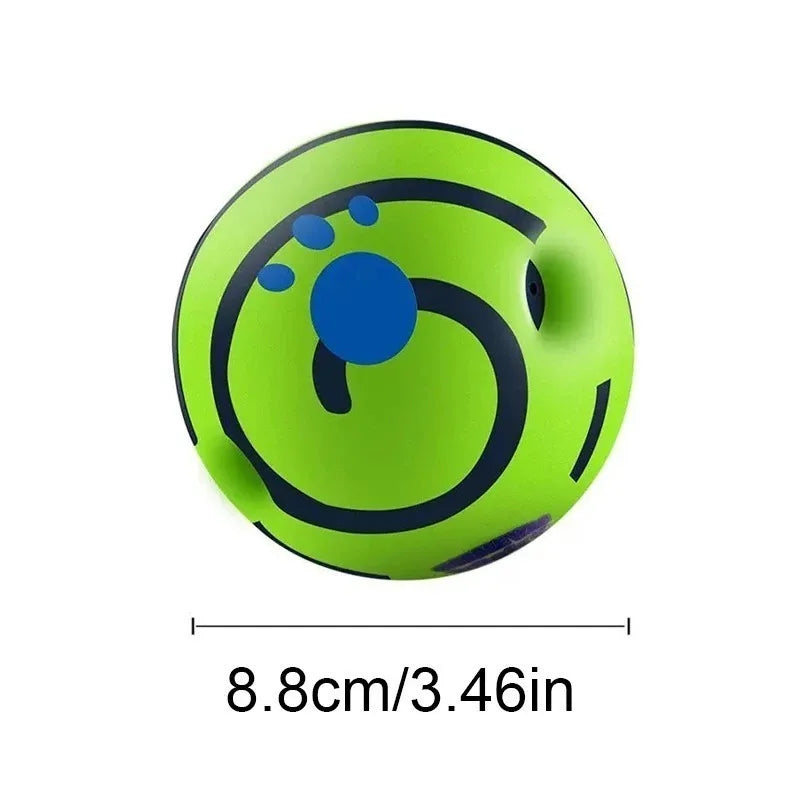Green ball with blue center and black outline, showing size measurement on a white background
