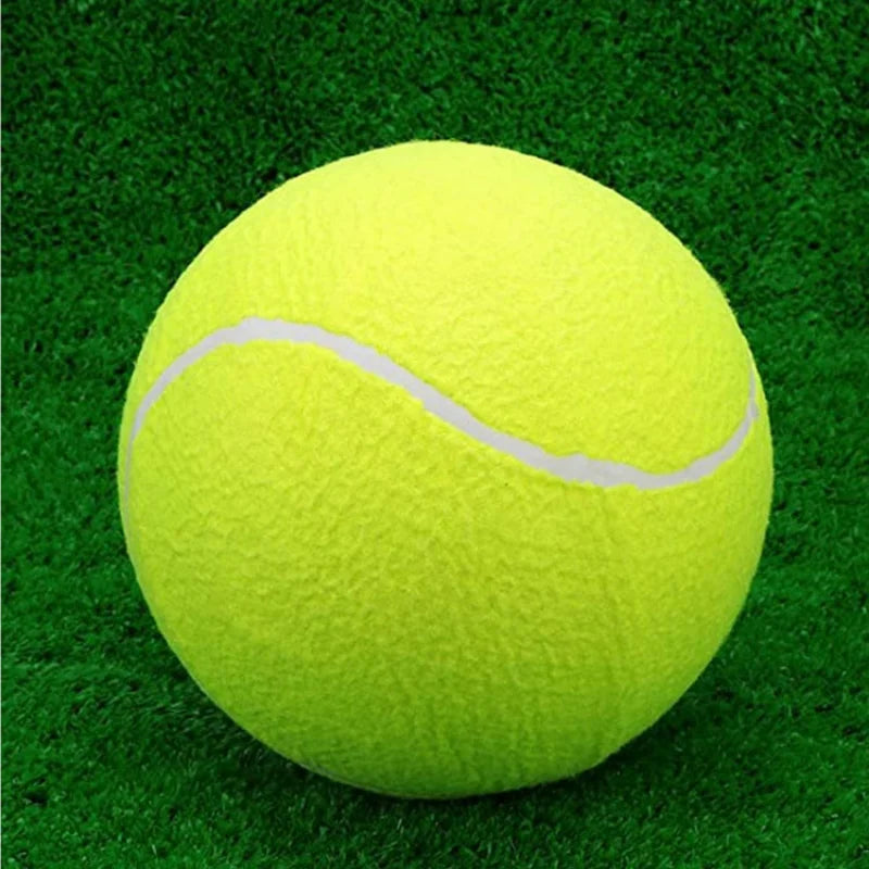 Yellow 9.5 inch tennis ball with a white seam on a green grass background