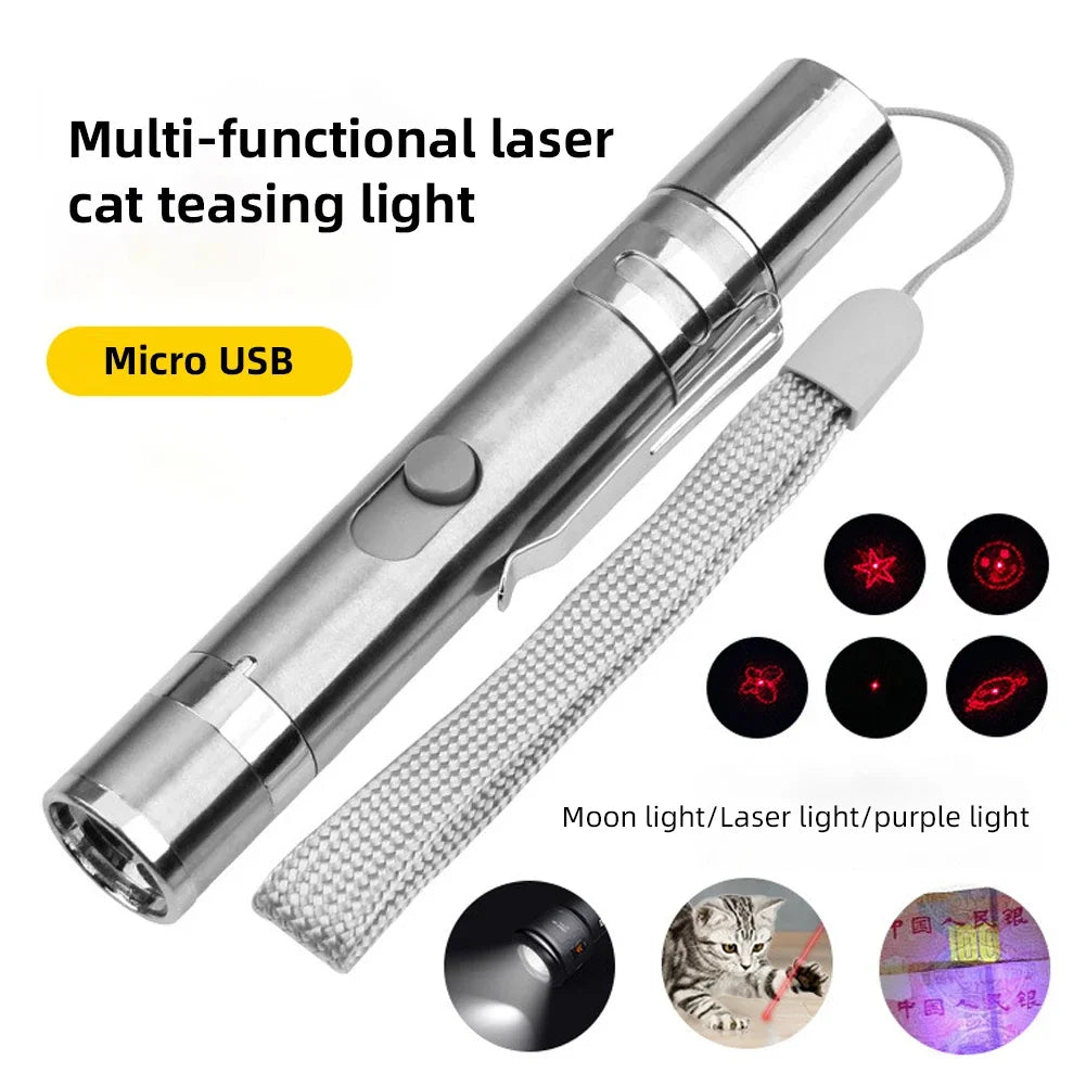 Multi-functional laser cat teasing light with USB charging cable on a white background