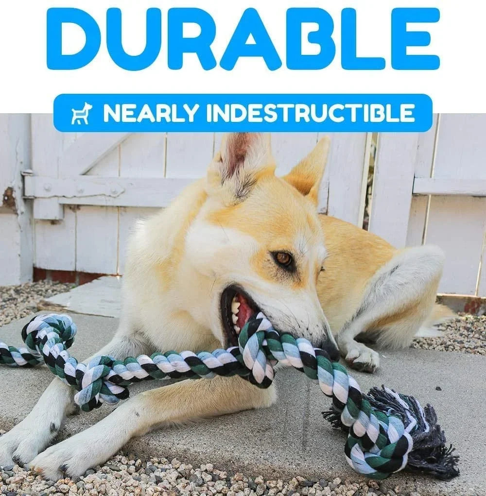 Dog playing with a durable rope toy outdoors, with text 'Durable' and 'Nearly Indestructible'.