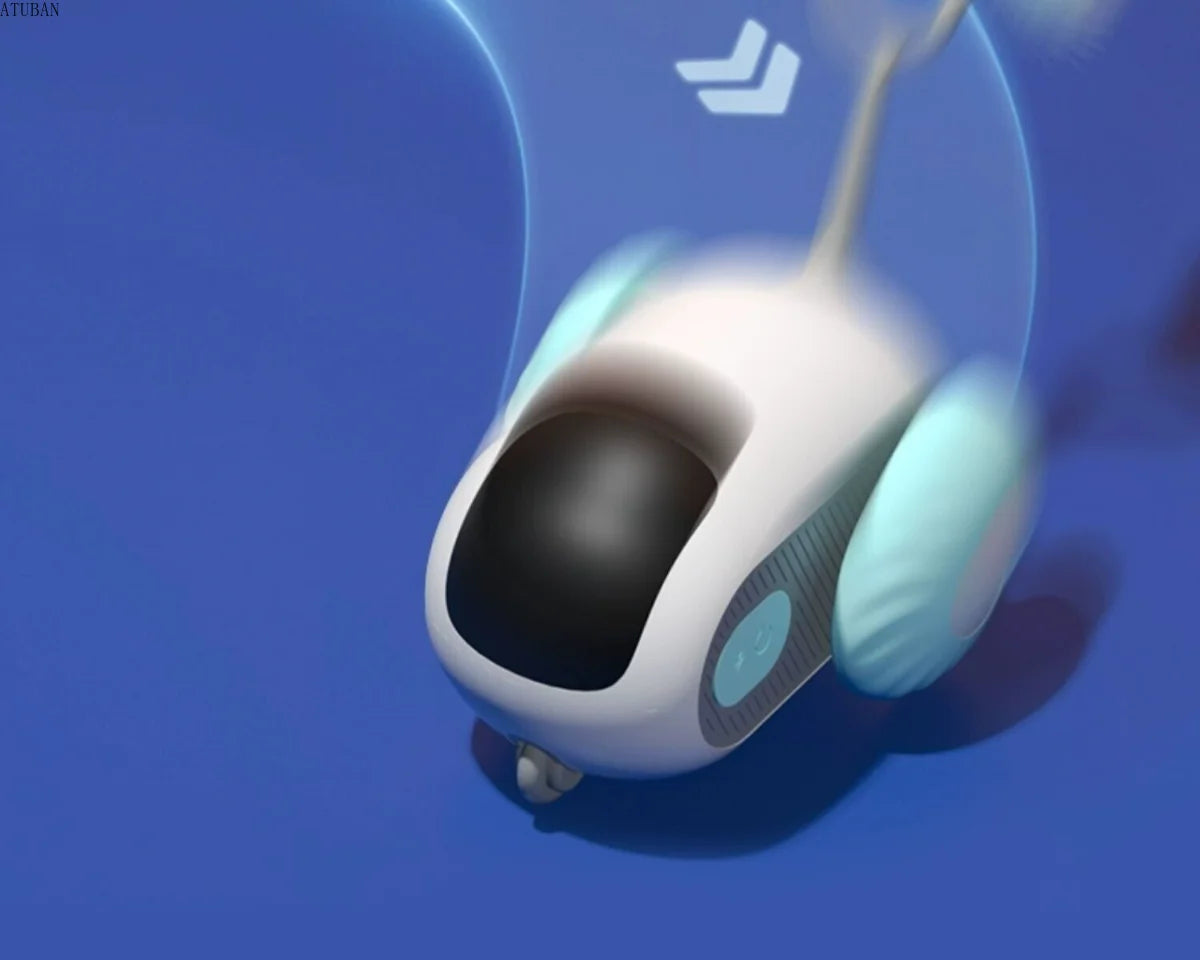 White and black robot-like device on a blue background with a logo above.