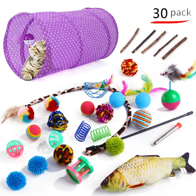 Assorted cat toys including a purple tunnel, balls, and a play fish on a white background