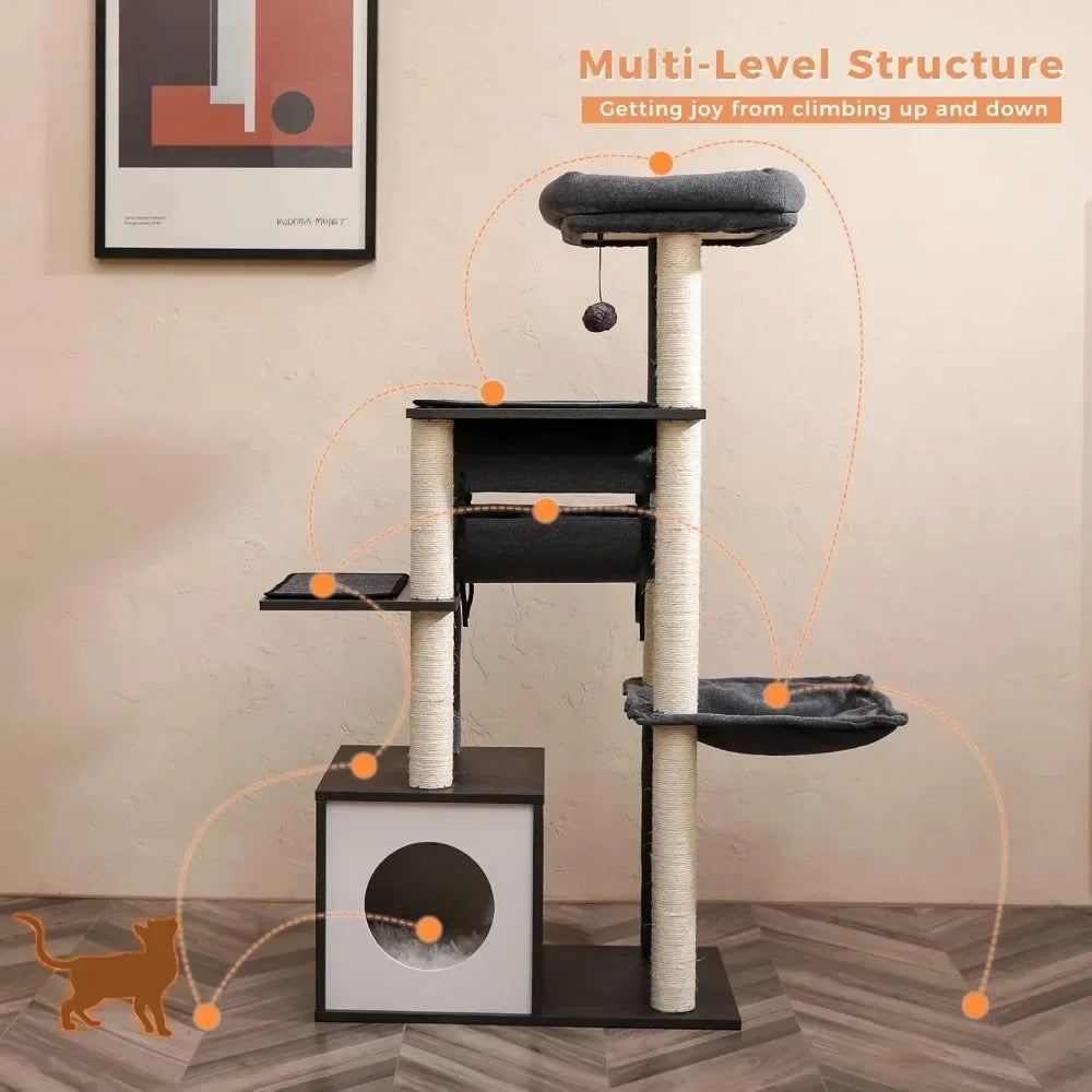 Cat tree with multiple levels and platforms on a wooden floor.