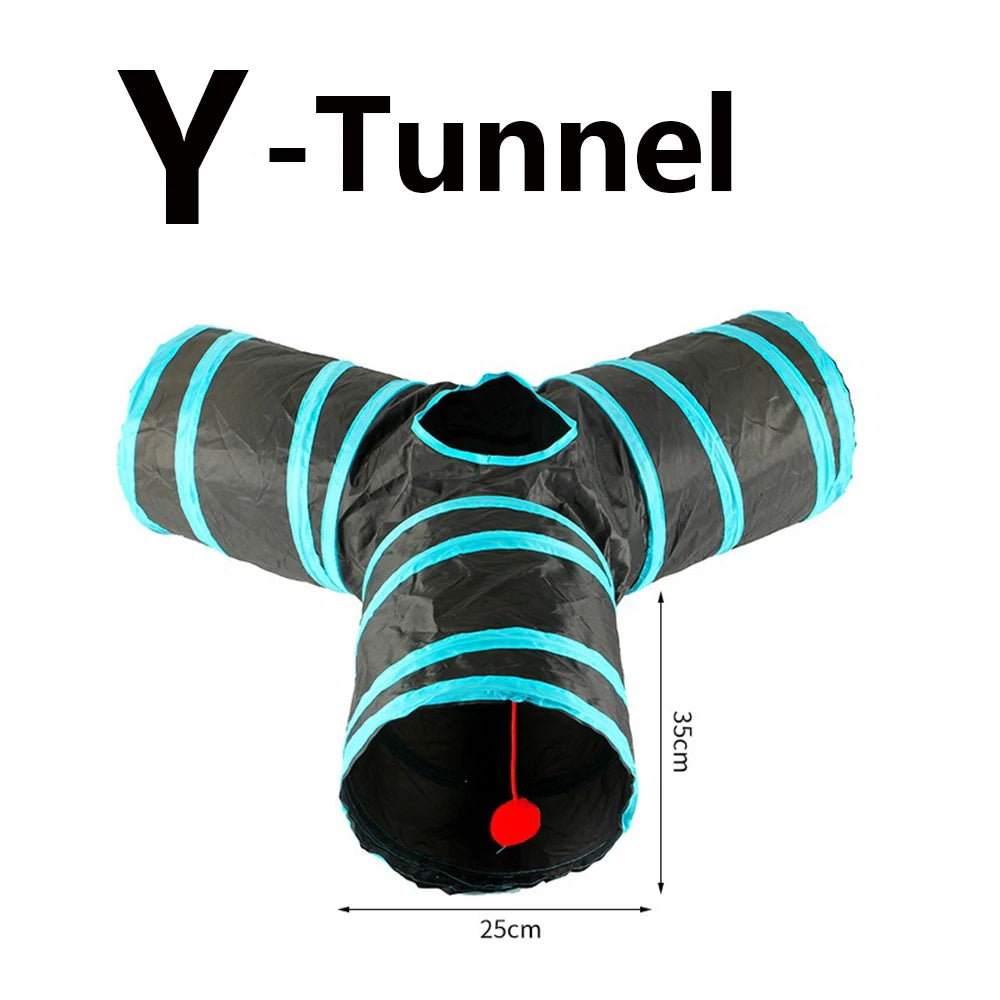 Y-shaped tunnel toy with black and blue stripes on a white background