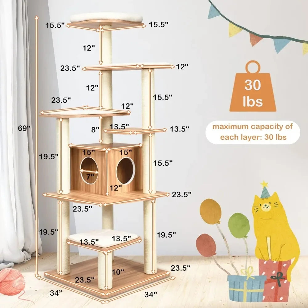 Wooden cat tree with measurements and capacity details on a light background