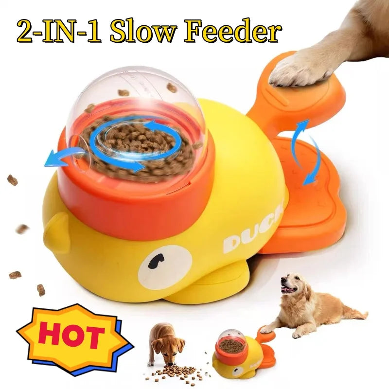 2-IN-1 Slow Feeder for pets with a dog lying next to it on a white background