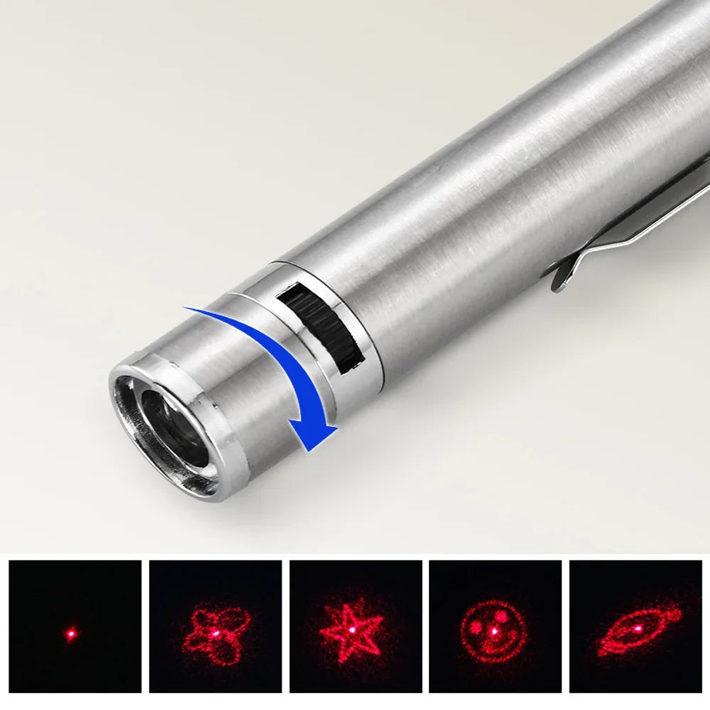 Silver laser pointer with laser light display on a white background