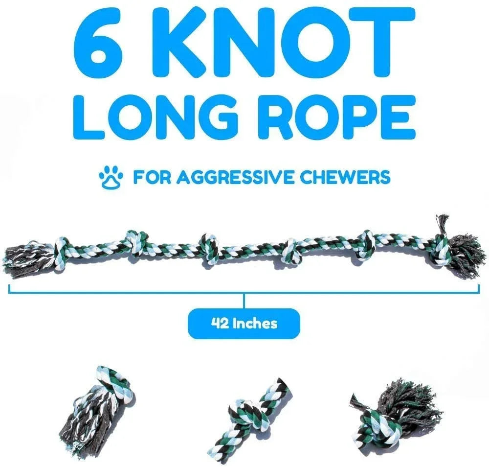 Dog rope toy labeled '6 Knot Long Rope' for aggressive chewers with product details on a white background.