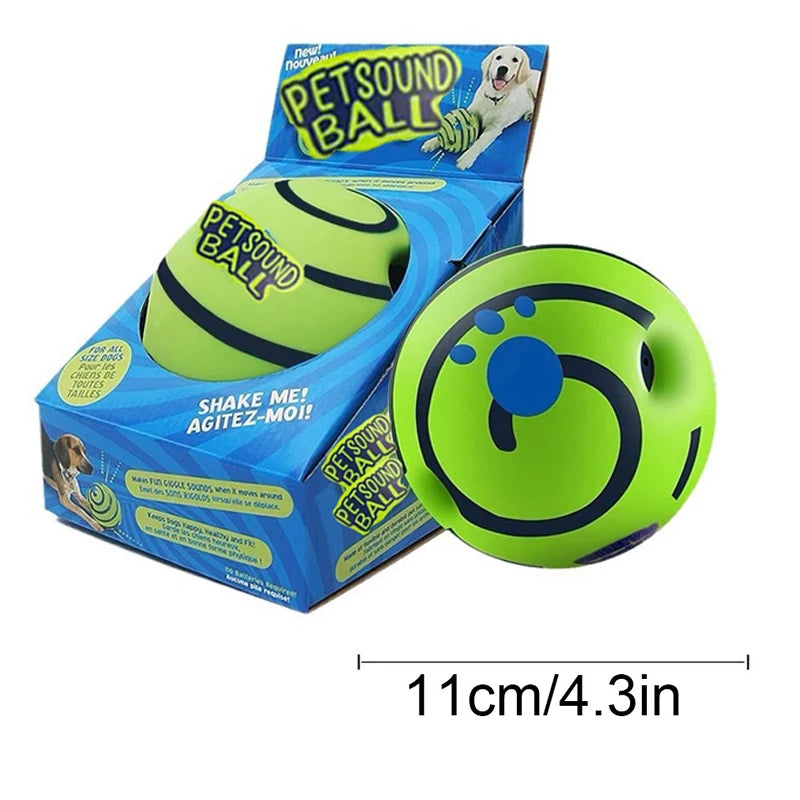 Green dog toy ball with 'Petsound Ball' packaging on a white background