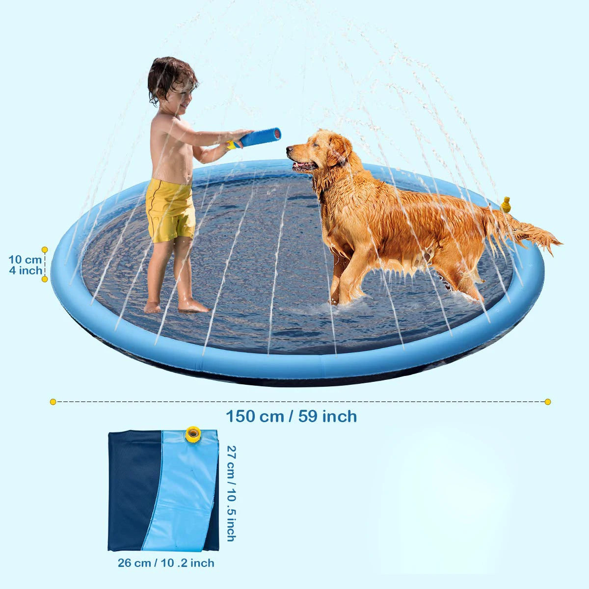 Child playing with a dog on a large inflatable sprinkler pad, with measurements displayed.