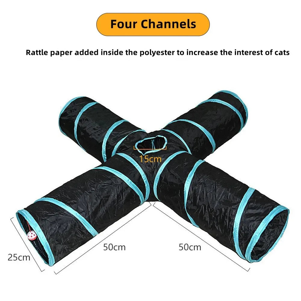 Black pet 4 channel play tunnel with blue accents and dimensions on a white background