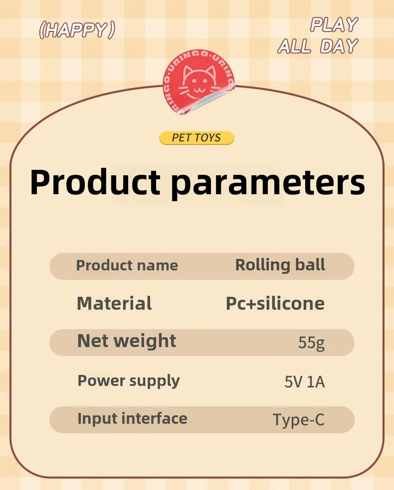 Product parameters card for a rolling ball toy with a brand logo on a checkered background.