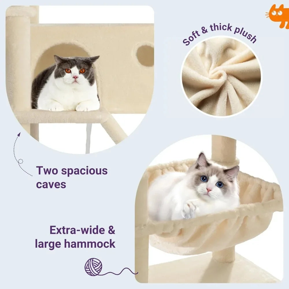 Cat tree with plush cushion, two spacious caves, and extra-wide hammock.