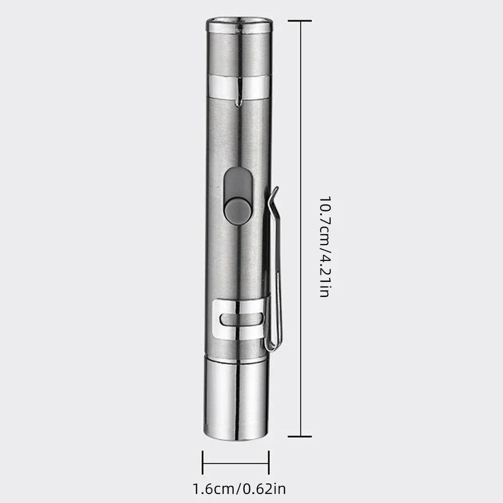 Silver flashlight with dimensions labeled on a white background
