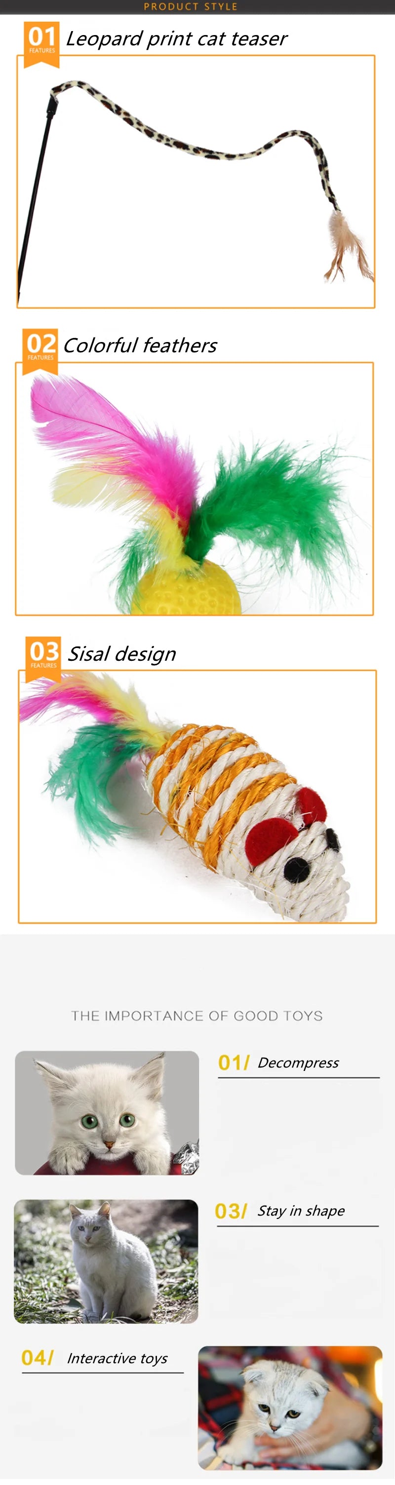 Cat toys with colorful feathers and a small plush toy, accompanied by images of cats and text about the importance of indoor cats.