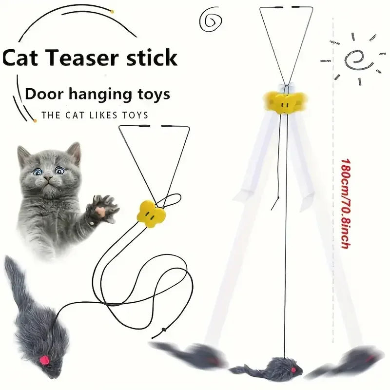 Cat teaser stick with a cat and toy illustration, showing its use as a door hanging toy.
