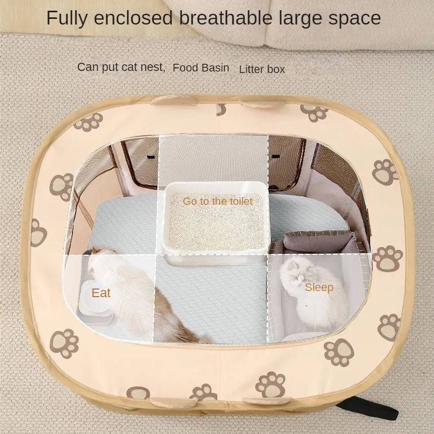 Pet activity center with labeled sections for eating, going to the toilet, and sleeping, featuring paw prints.
